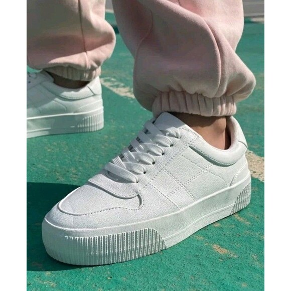 ASOS DESIGN White Duet Flatform Lace-up Leather Chunky SneakersWOMEN Size 6/US - Picture 2 of 10